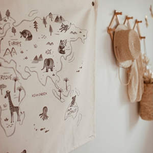 Carte du monde canevas en coton bio Oeko-tex – 110 x 70 cm
