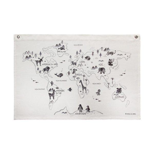 Carte du monde canevas en coton bio Oeko-tex - 110 x 70 cm