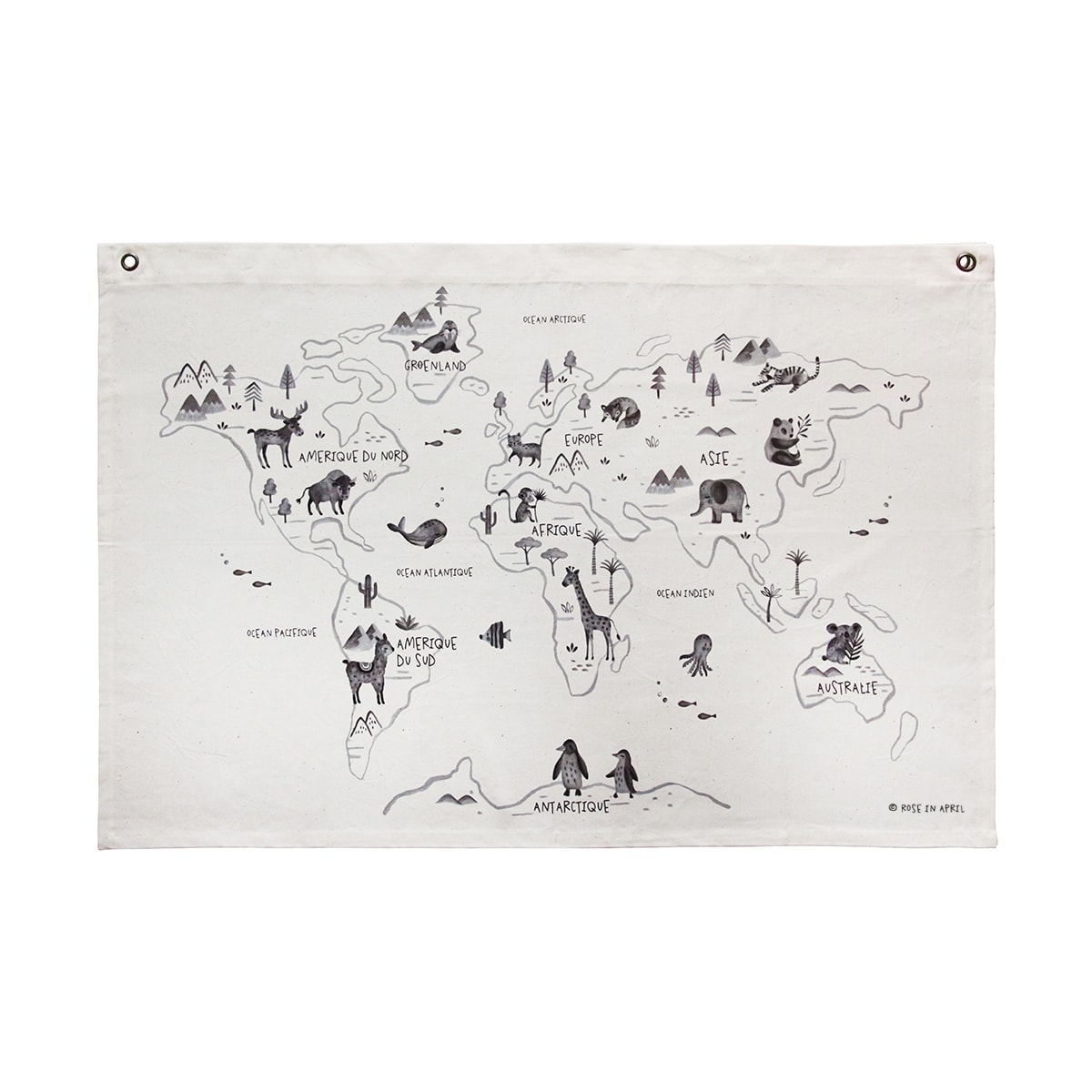 Carte du monde canevas en coton bio Oeko-tex - 110 x 70 cm - ROSE IN APRIL - Lou in Woods