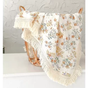 Couverture frangée bohème handmade en mousseline de coton bio l Floral