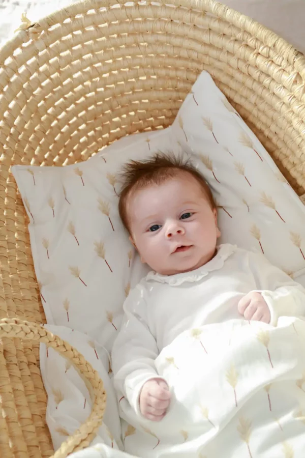 Un oreiller pour bébé est parfait pour un couffin, une poussette gondole, un berceau et un lit bébé. Il est agréable et délicat au toucher, en tissu naturel. Il est rempli d'un rembourrage en silicone anti-allergique d'un poids de 300 g, il est plat, mais en même temps doux et élastique, conçu spécialement pour les bébés et les petits enfants. L'oreiller est une solution pour les parents qui souhaitent initialement utiliser des couvertures, des langes et des cônes comme literie, couvrant pour leur bébé. COULEUR : nuances de blanc et beige MATIÈRE : 100 % coton TAILLE : 25×30 cm, 30x40cm REMBOURRAGE : non-tissé en silicone avec certificat OekoTex®Standard100 Produit artisanal, fabriqué en Pologne.