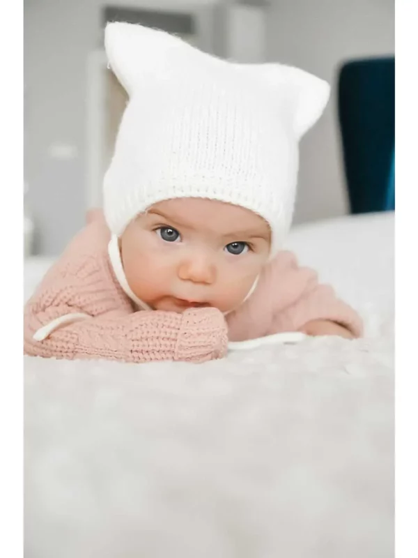 Bonnet bébé tricot avec oreilles l Crème