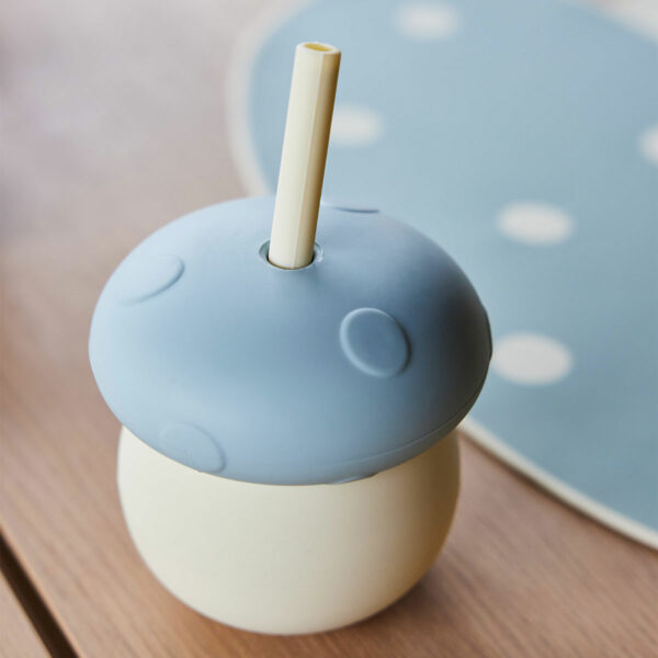 Tasse en silicone avec paille l Champignon l Crème/bleu