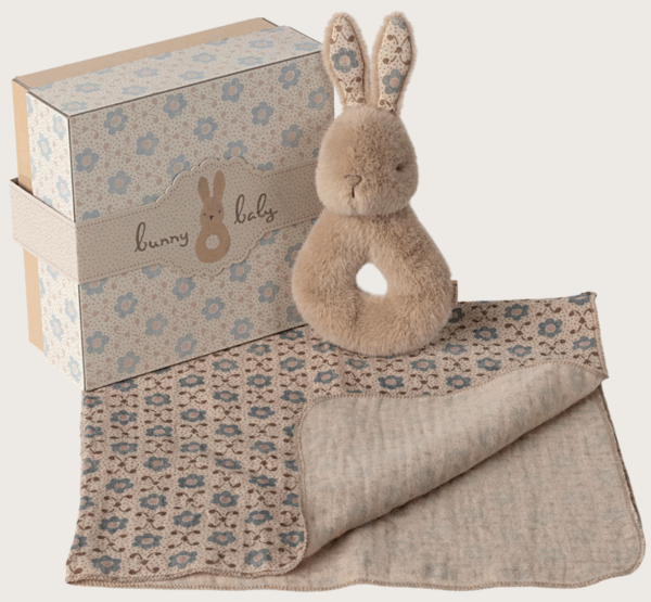 Coffret hochet lapin et lange l Crème pêche