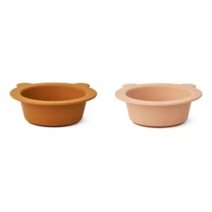 Bols à ventouse en silicone l Lot de 2 l Peony l Ours l Moutarde/Rose de Toscane