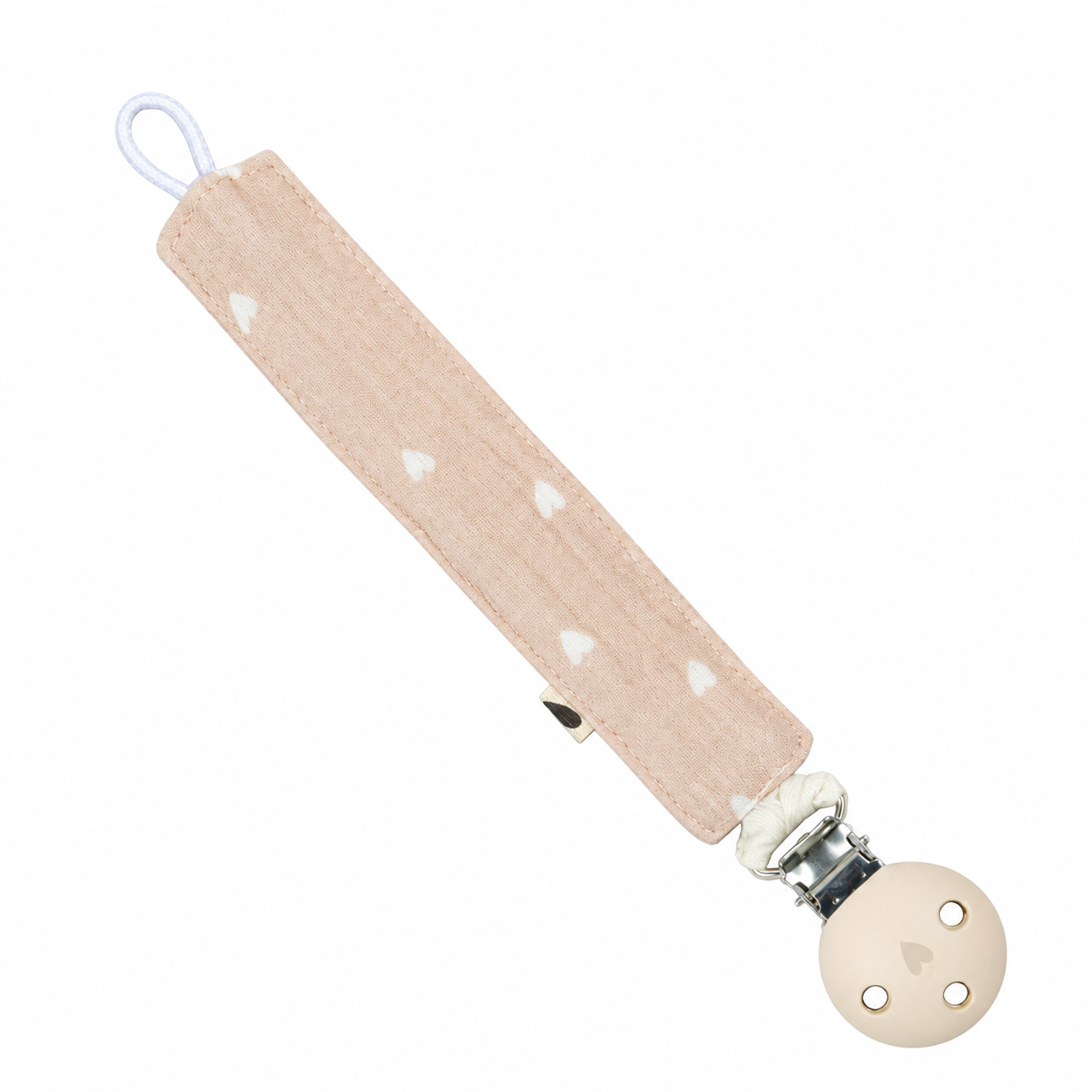 Attache-tétine gaze de coton handmade l Beige Petits coeurs Silicone écru