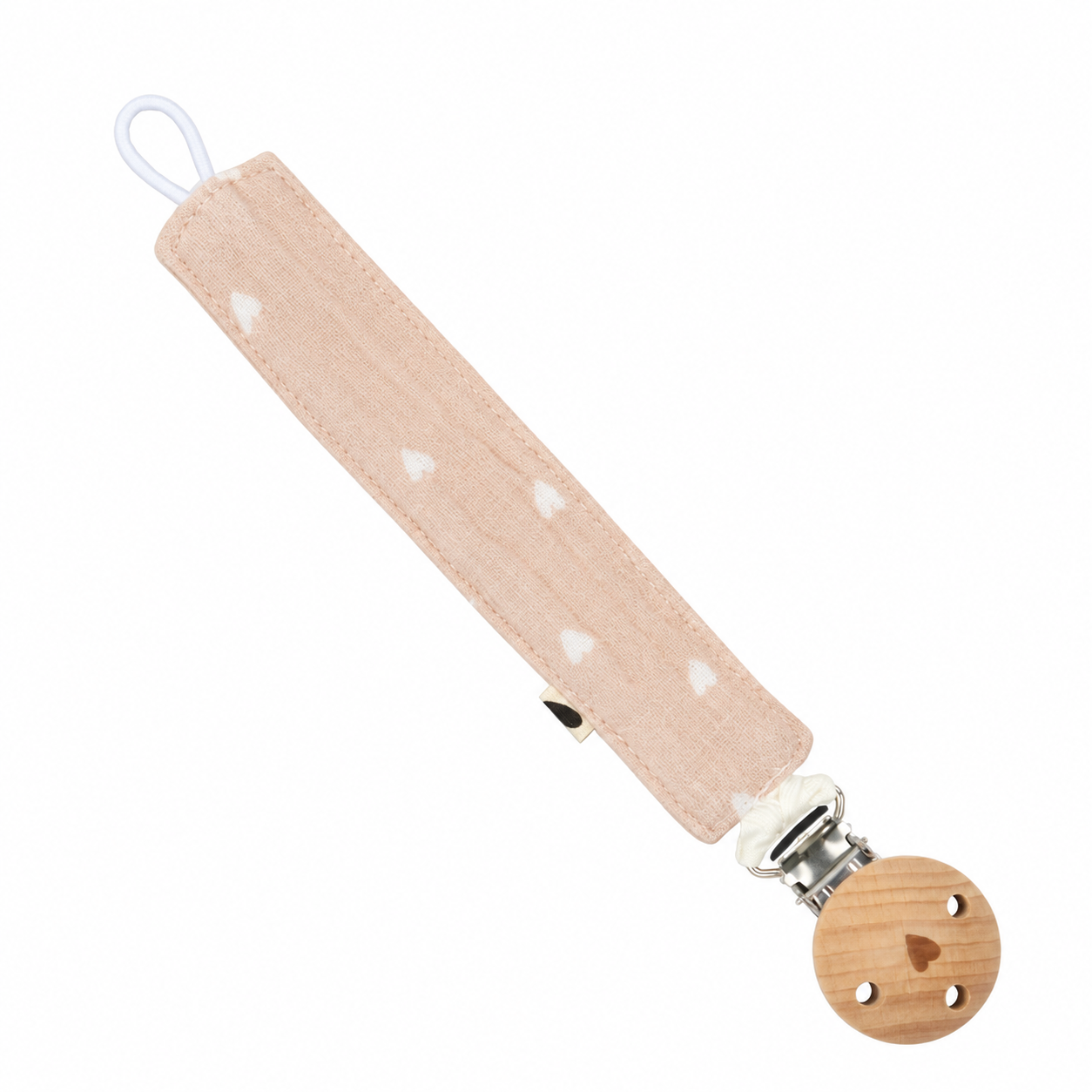 Attache-tétine gaze de coton handmade l Beige Petits coeurs Bois